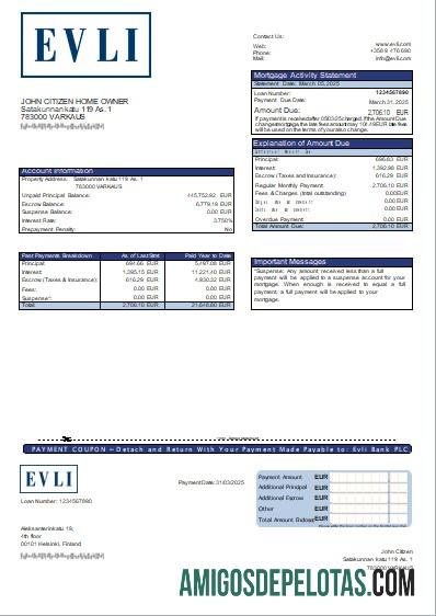 Finlândia Evli Bank PLC Extrato de hipoteca bancária Scr exemplo